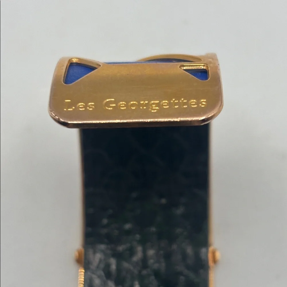 Les Georgettes Solaire gold-finish cuff bracelet Capri blue leather insert Euro - Picture 5 of 8